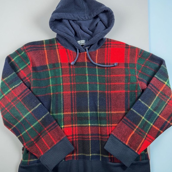 Polo Ralph Lauren Other - Polo Ralph Lauren 90s Fleece Hoodie Plaid Stewart Tartan Red Navy Blue Medium M